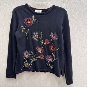 Talbots Womens Size M Blue Pullover Sweater Floral Embellished Long Sleeve